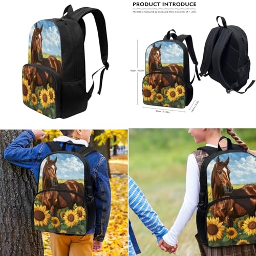 Sunflower Horse School Backpack Set for Girls 6-8 Years Old, Large Capacity Middle School Bookbag Horse With Pencil Case And Lunch Insulation Box With Handles 3 Pack3