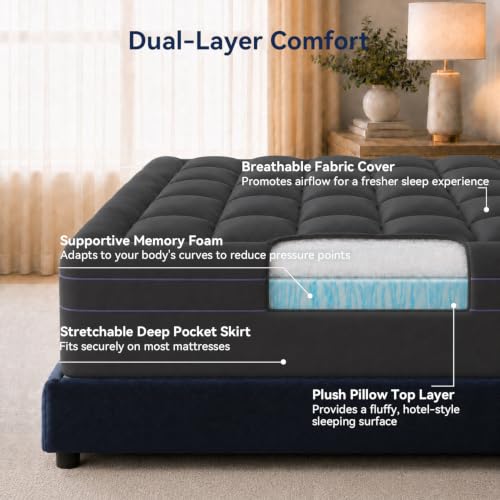 Image of ABENE 3 Inch Dual Layer Memory Foam Mattress Topper Twin, 2 Inch Memory Foam Plus 1 Inch Down Alternative Pillowtop Mattress Pad, with Bedside Pocket, Support for Back Pain (Twin, Gray)