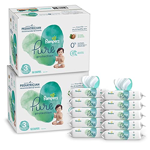 Image of Pampers Pure Protection Disposable Baby Diapers Size 3, 2 Month Supply (2 x 168 Count) with Aqua Pure Baby Wipes, 10X Pop-Top Packs (560 Count)