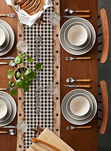 Rectangle Table Runner Farmhouse Black Plaid Cotton Linen Dining Table Cloth Runners Vintage Country Star Home Decoration Table Setting Decor For Dinner Party Wedding - 13 X 36 Inches #TOP3