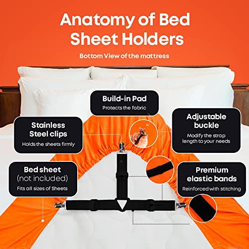 Bed Sheet Straps Set 4 Pcs - Black Sheet Holders For Corners - Full Mattress Cover Fitted Sheet Clips To Hold Sheets In Place - Premium Nickel-Plated Bed Sheet Clips With Adjustable Bed Bands #TOP2