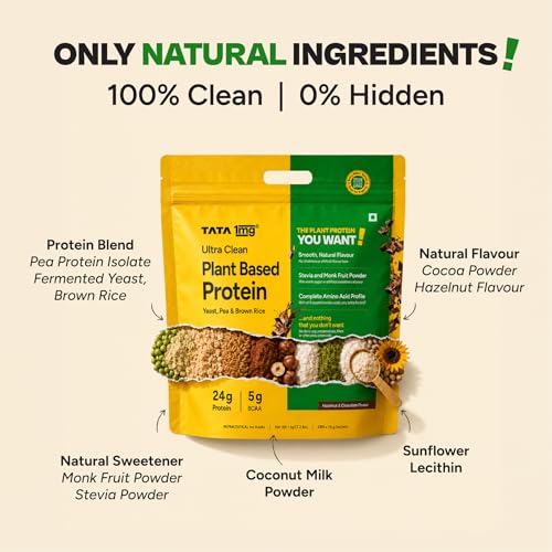 Image of Tata 1mg Ultra Clean Plant Based Protein Powder - Chocolate Flavour | 24g Protein | Smooth & Creamy Vegan Protein | Pea, Brown Rice & Yeast Protein | No Chalkiness | No Added Sugar | Complete Amino Acid Profile | 1kg