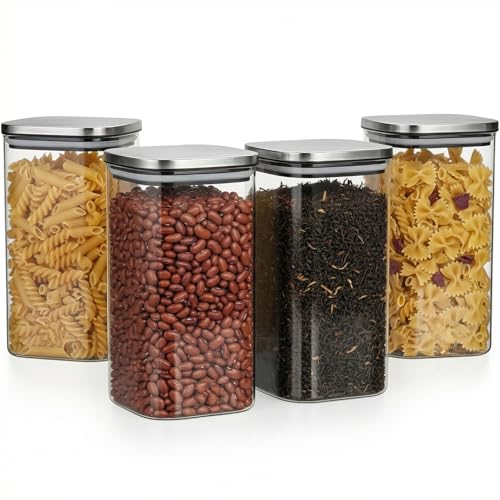 Image of ginoya brothers Airtight Borosilicate Glass Square Jar With Wooden Or Steel Lid Multi-Size, Container for Spices, Coffee, Grains, Snacks & Kitchen Organization (4, STEEL LID, 790 ML)