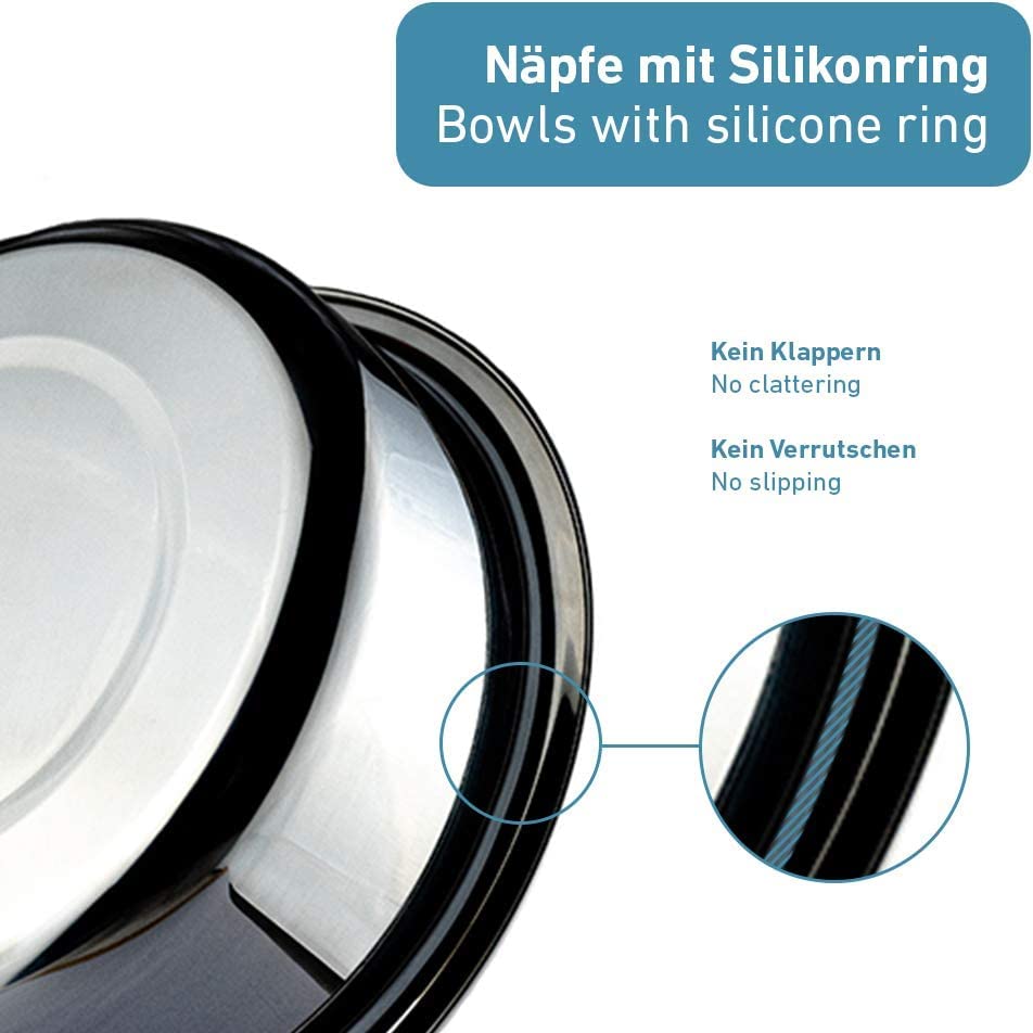 PetTec® Hundenapf erhöht Grosse Hunde [2 x 2,5L, Schwarz] - Futternapf Fressnapf inkl Antischlingeinsatz - Futterstation stufenlos höhenverstellbar - Dog Bowl - Hundebar - Futterbar Hundenäpfe