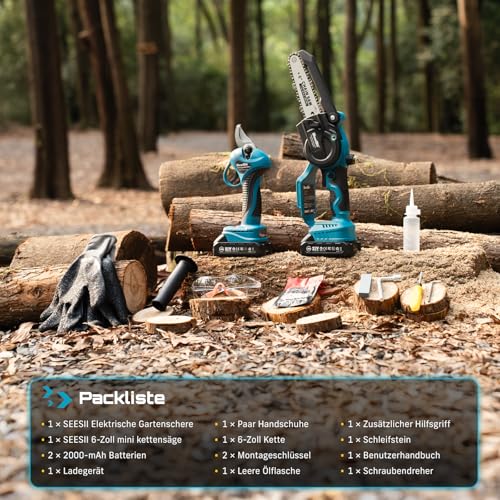 SEESII 6 Zoll Mini Kettensäge & 33 mm Elektrische Gartenschere, 2-in-1 Gartenwerkzeug Set mit 2×2000 mAh Akkus, Bürstenloser Motor, Ideal für Stamm und Astschnitt