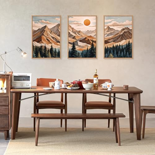Image of KAIRNE Vintage Mountain Framed Canvas Wall Art Set,Boho Pine Tree Forest Wall Decor,Woodcut Wilderness Landscape Art Prints,Nature Sunrise Artwork for Living Room,Bedroom,Farmhouse,Office-24 x36 x3