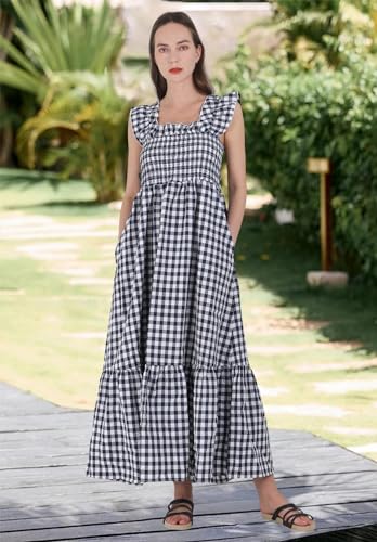 Image of chouyatou Women's Retro Plaid Smocked Dress Spaghetti Strap Flounce Long Dress