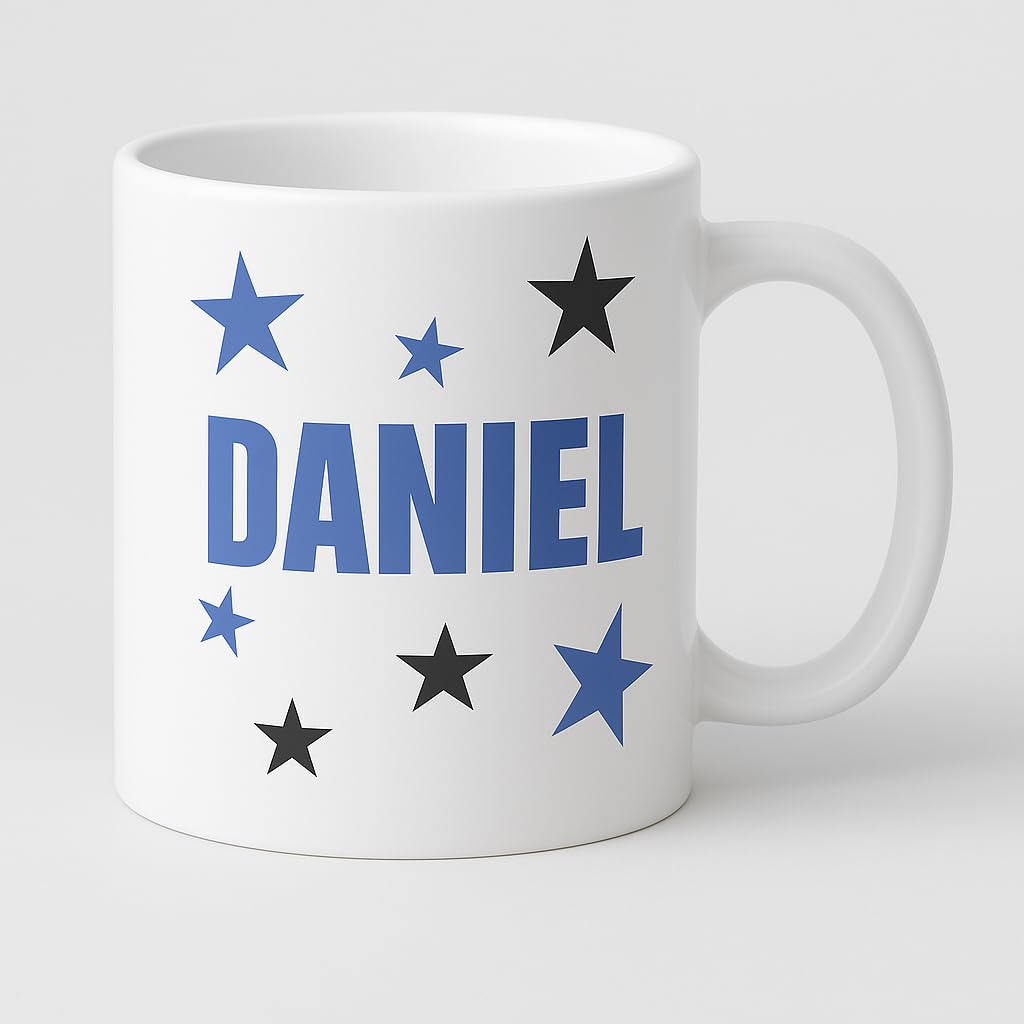 Vacso Trading ersonalised Name Mug for Boys & Men – Custom Any Name with Blue & Black Star Design – 11oz White Ceramic Mug – Gift for Kids, Teens, Dads, Brothers, Friends