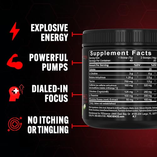 Image of PEScience Prolific Energy Pre Workout - L Citrulline for Nitric Oxide, Rhodiola & CDP Choline Nootropic for Focus - Preworkout for Men & Women - 40 Scoops, Sour Green Apple