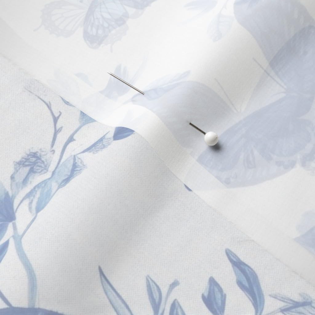 Spoonflower Fabric - Blue Floral Butterflies Country Roses Damask French Cottage Printed on Chiffon Fabric Fat Quarter - Sewing Fashion Apparel Dresses Home Decor