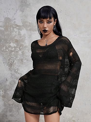 Verdusa Women's See Through Round Neck Drop Shoulder Sweater Long Flare Sleeve Knit Top3