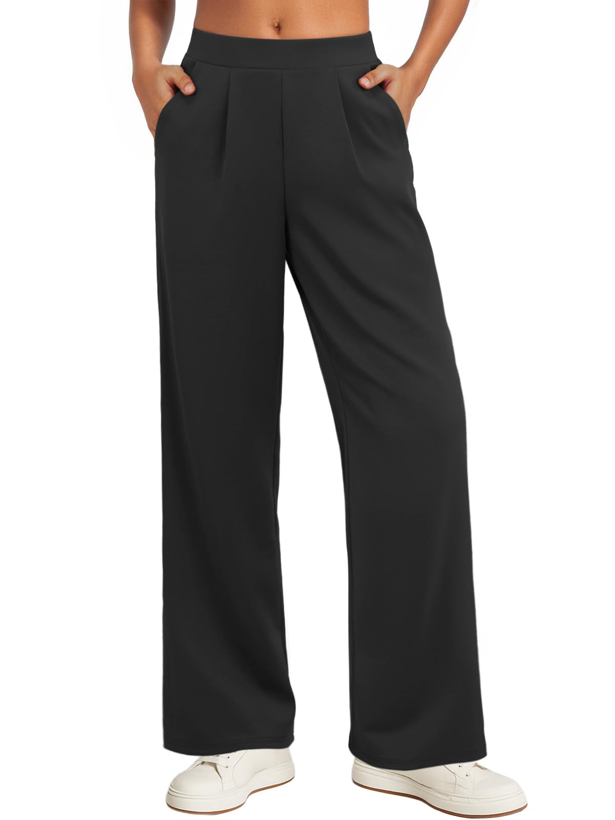 Feiersi Women Stretchy Wide Leg Pants Soft Elastic High Waisted Casual Palazzo Pants Trousers with Pockets Black Large