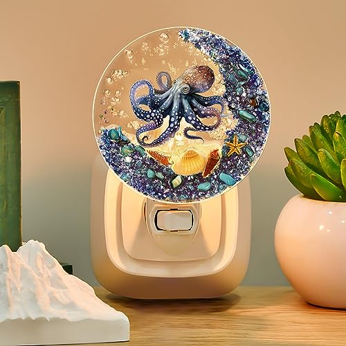 Image of Hortsun Plug in Seashell Night Light Ocean Sea Animal Decorative Night Light Plug in Beach Lamps Vintage Ocean Lamps for Adult for Home Bedroom Living Room Bathroom Wall(Octopus)