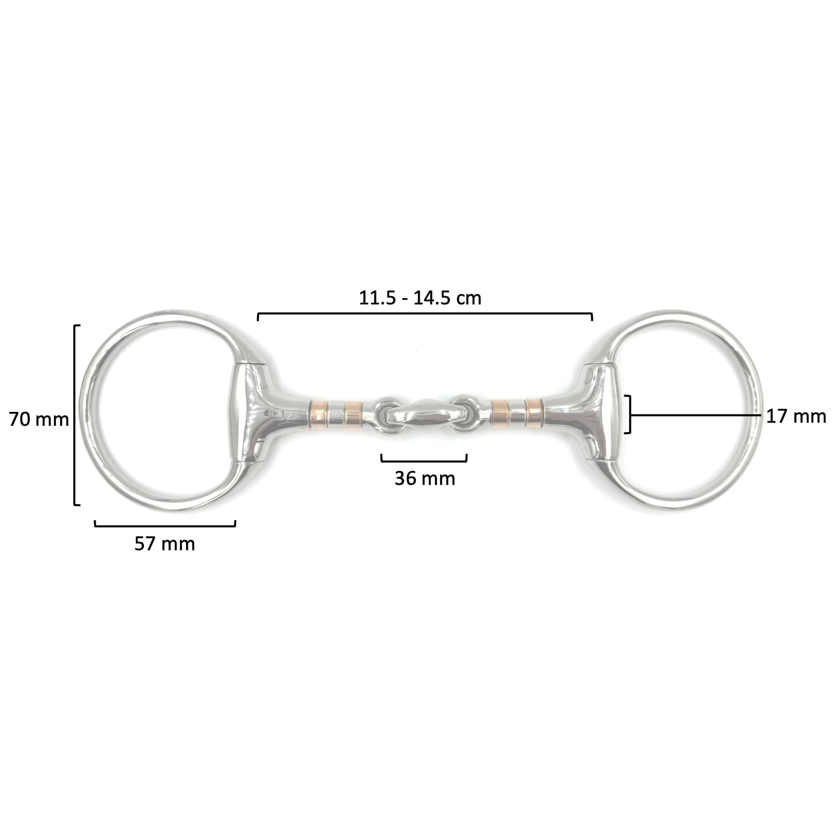 ES0086 Gebiss Olivenkopfgebiss Olivenkopftrense Doppelt Gebrochen mit beschichteter Kupferrolle aus Edelstahl Ringdurchmesser 70 mm Gebissstärke 21 mm (12.5 cm)