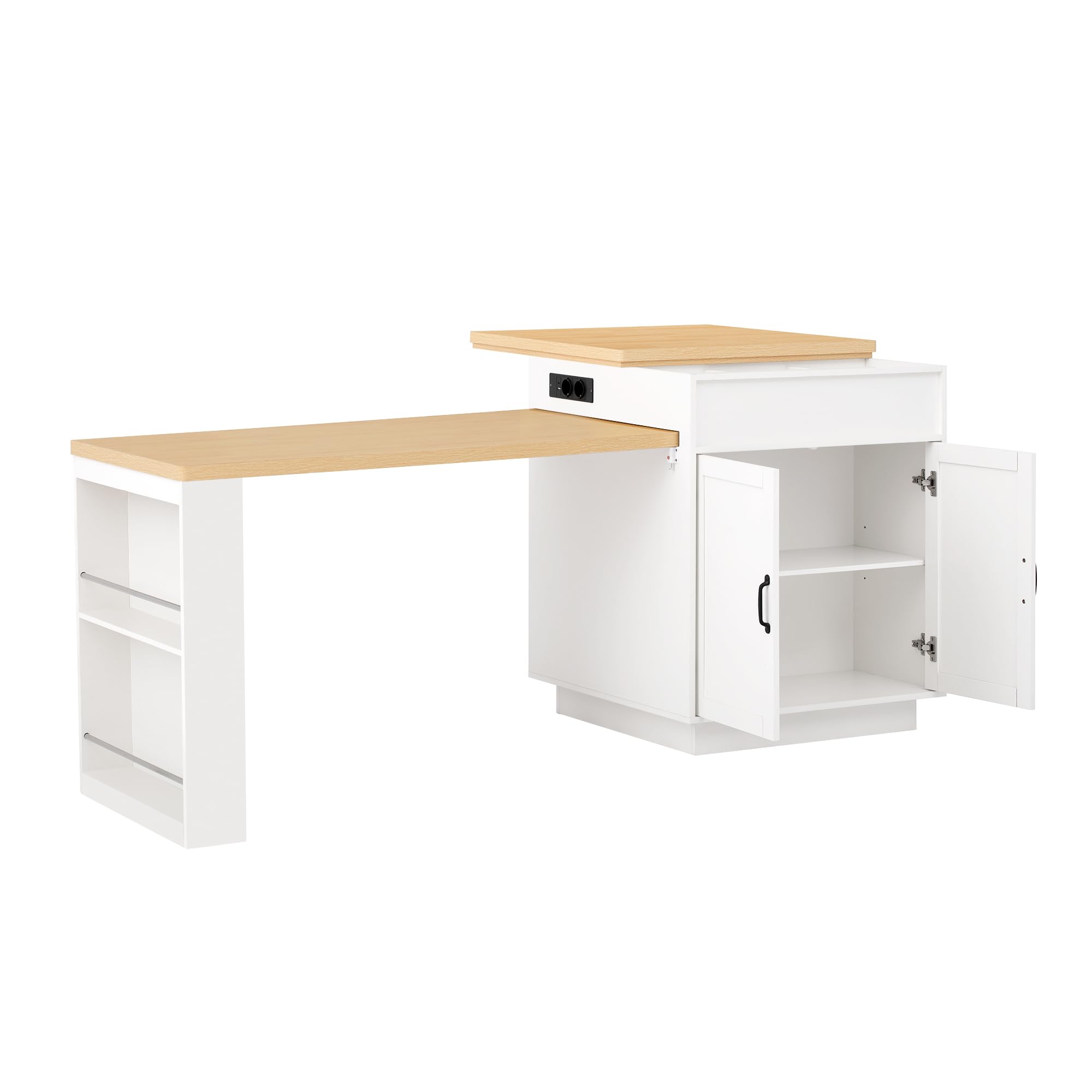Kebnor Kücheninsel mit Rollen, Ausziehbarer Esstisch mit LED-Beleuchtung, Küchentisch mit Steckdosenleisten, dient als Kücheninsel, Anrichte, Sideboard oder Bartisch für Küche und Esszimmer (Weiß)