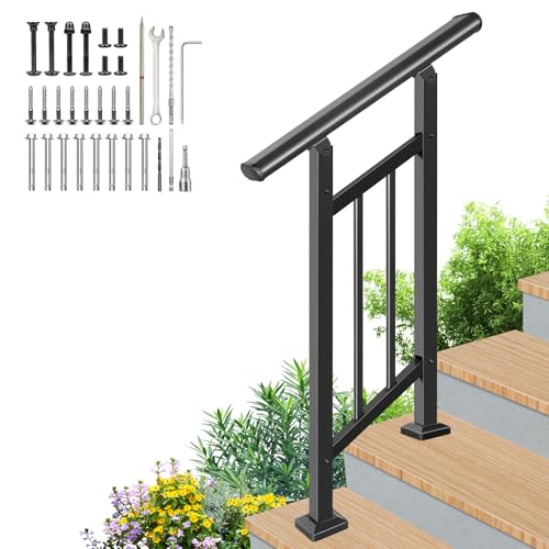 Bobolish Handrails for Outdoor Steps,Outdoor Stair Railing, 2 Step Handrail Fits 1 to 2 Steps,Easy DIY Installation Kit Included, Black Wrought Iron Hand Rails for Outdoor Steps by Bobolish - Used condition - US$32.00