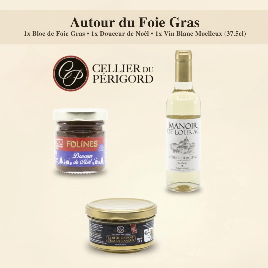 Cellier du Périgord Panier Gourmand Colis de Noël 2 Vins AOP | Colis de Noël : foie gras, terrines, plat du terroir, desserts + 2 vins AOP Côtes de Bergerac et carte de vœux