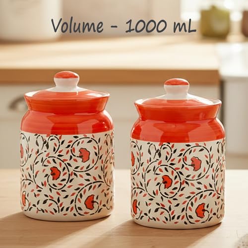 Image of D'Maiolica Pickle Jars in 1000ml (set of 2) | Handpainted Floral Pattern 1 kg Achaar Martban | Ceramic Container Set for Kitchen Storage (Pack of 2) (Red Floral Bale)