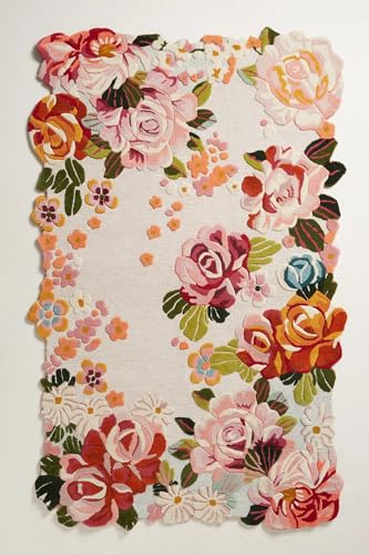 Image of Hand-Tufted Wool Large Carpet for Living Room 7x10 feet Ivory Multicolor Floral Anti-Skid High Pile Thick Carpet & Rugs for Bedroom & Hall