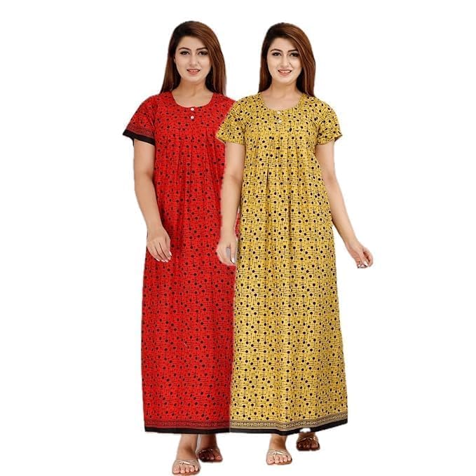 Image of NILOUFO Women's Cotton Printed Maxi Nighty - Pack of 2 | Soft Ankle-Length Sleepwear Gowns for Women | Free Size Night Dresses (Musterd,Red, Free Size)