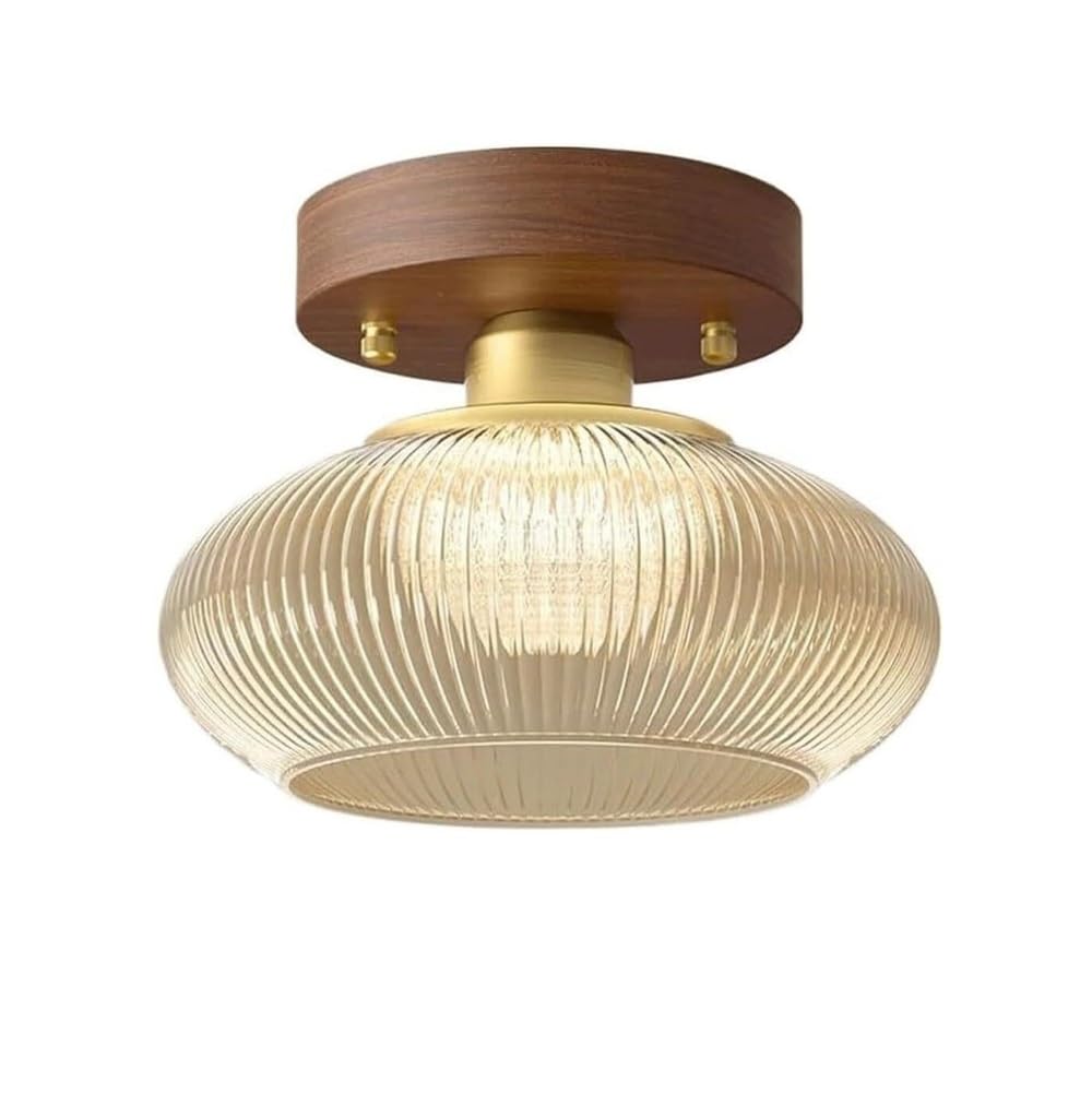 ITOSUI LED Ceiling Light, Flush Mount Ceiling Lamp, Walnut Wood Glass Fixture, Ribbed Glass Shade, 7 Inch 8W LED, Tri-Color, Mid-Century Retro for Hallway, Entryway, Balcony, Corridor