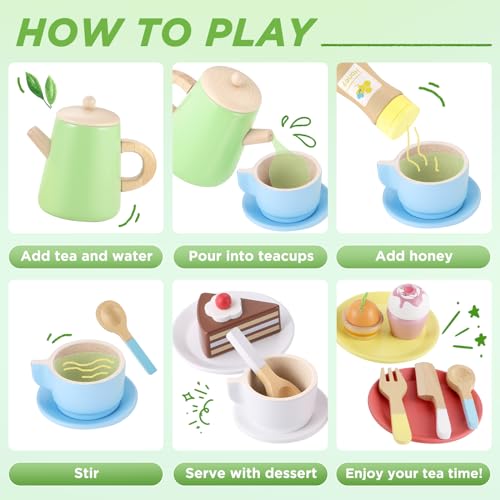 Image of GAGAKU Wood Tea Set and Wooden Play Dishes 2 in 1 Play Food Set Toy 28 PCS Montessori Play Kitchen Accessories Kitchen for Toddlers Cooking Playset for 3-8 Years Girls and Boys