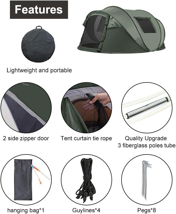 Tenda da Campeggio Pop-up Istantanea, Tenda per 5-6 Persone, Tenda A Installazione Automatica con 2 Finestre in Rete di Ventilazione, Tenda Familiare Parasole Impermeabile, Tenda A, Army Green