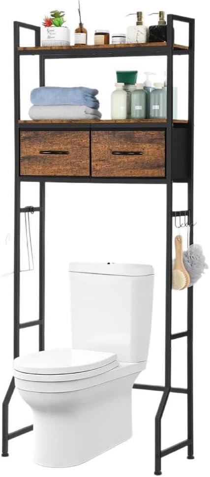 Over The Toilet Storage Shelf, 2 Tier Bathroom Storage Cabinet with 2 Fabric Drawers, Adjustable Freestanding Toilet Storage with 2 Tier Towel Rack/4 Hooks for Laundry Room, Brown