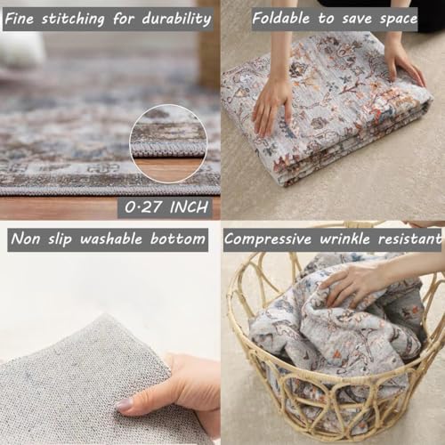 Area Rug 8x10 Washable Rug Brown Vintage Traditional Mat Distressed Indoor Foldable Thin Retro Accent Floral Non Slip Carpet Living Room Dining Room Office
