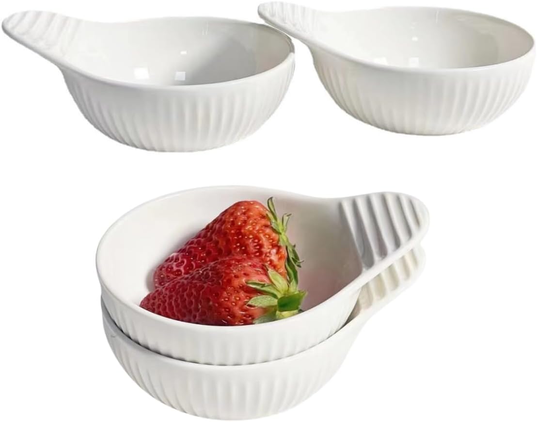 5 oz White Ceramic Dipping Bowls with Embossed Striped Non-slip Handle Chip & Dip Serving Bowls for Condiment Olive Oil Soy Sauce Salsa Sushi Bread Set of 4