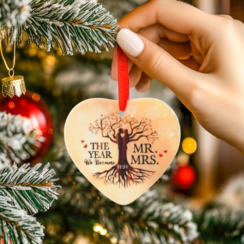 Image of Wedding Ornament 2024 - Handcrafted Heart Ceramic First Anniversary Keepsake - Romantic Mr. & Mrs. Ornament for Couples - First Christmas Married Gift - 2024 Holiday Home Decor