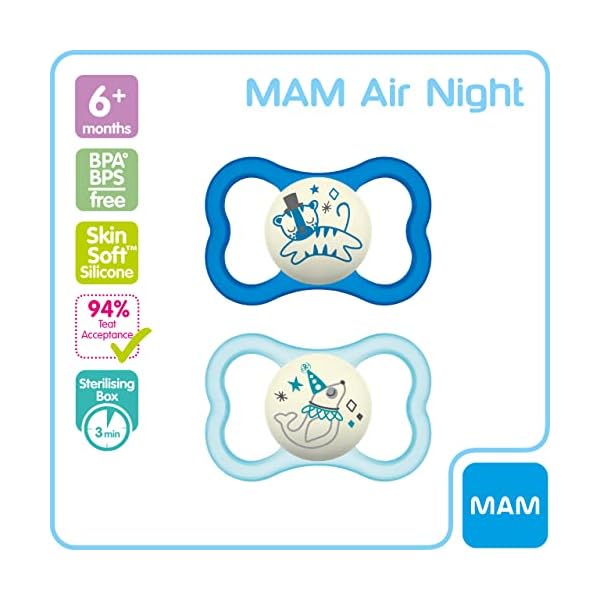 MAM Air Schnuller 6+ Monate (2 Stück), Baby Schnuller mit sterilisierender Reiseetui, Baby Essentials, Blau und Creme… – Bild 3