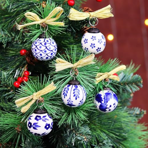 Image of IndianShelf 24 Large Blue and White Ceramic Christmas Ornaments Handpainted Vintage Unique Tree Balls for Christmas Tree Decoration with Ribbon