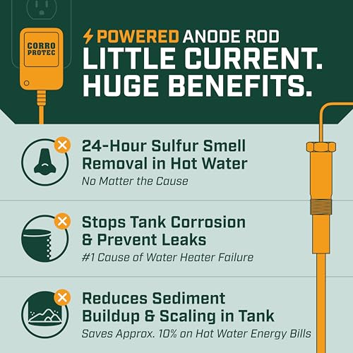 Powered Anode Rod for Water Heater, 20-Year Warranty, Eliminates Rotten Egg/Sulfur Smell within 24 hours, Stops Corrosion and Reduces Limescale, Electrical Anode Rod Made of Titanium