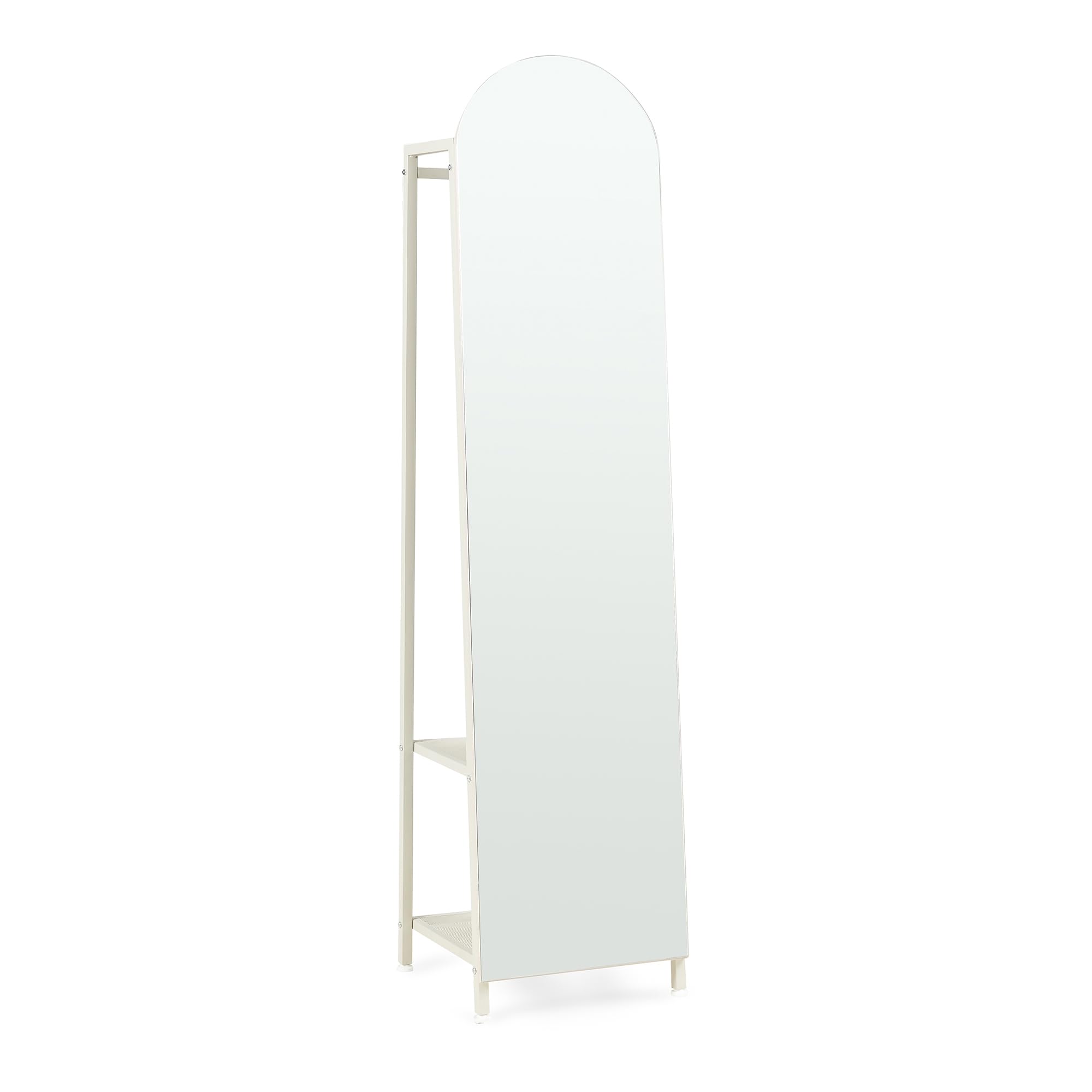 [en.casa] Espejo de Pie y Perchero Frenraby Mueble de Salón con Espejo de Cuerpo Entero 2 en 1 con Estantes y Barra para Colgar Ropa Dormitorio Vestidor Entrada Metal 165 x 40 x 35 cm - Oatmeal