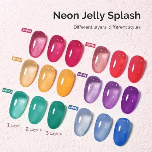 Image of MelodySusie Jelly Gel Nail Polish Set,6PCS Milky or Jelly Texture,Neon Splash Colors Soak Off UV LED Light Cure or Salon Manicure and Nail Art DIY at Home 15ML