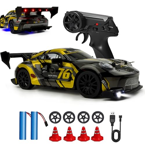 HTURCCOP 1:24 RC Drift 2.4GHz with LED Light, Race Car Toys for Boy Girl 8-12 Years Old, Speed Adjustable 25Km-H,High Speed RC Racing Cars Perfect Toy Gift for Boys & Girls (Yellow)