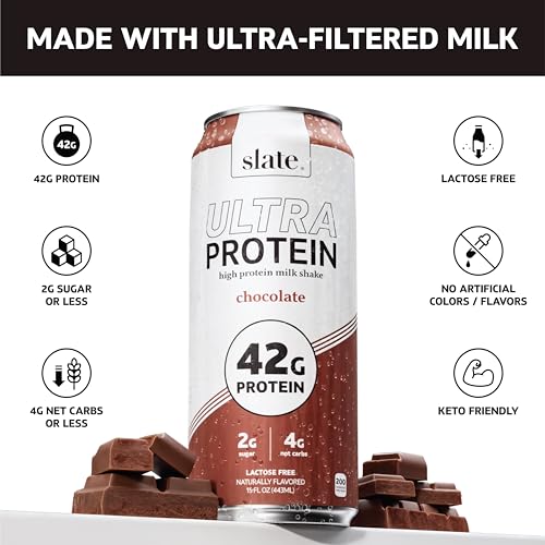Image of Slate Milk - Ultra Protein Shake - Sweet & Salty Pack - Chocolate, Vanilla, Salted Caramel - 42g Protein, 2g Sugar, 200 Calories, 4g Net Carbs - Lactose Free, No Added Sugar - 15 fl oz, 12 Cans