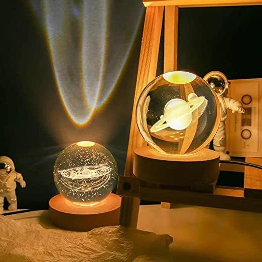 Image of 3D Solar System Crystal Ball Night Light Dimmable Warm White Night Lights Wooden Base Fantasy Decoration Crsytal Ball Nightlight - Led