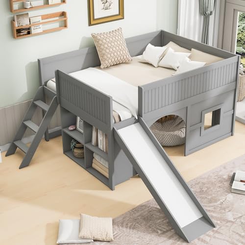 Harper & Bright Designs Full Size Kids Low Loft Bed with Storage Shelves and Slide, Solid Wood Loft Bed Frame with Door and Window Design for Girls Boys, Space Saving, Gray