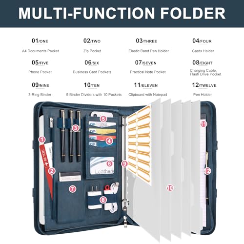 Image of Leathario Portfolio Binder, Includes 5 Folder Index Dividers, 13 Inch Tablets Organizer with Handle, Vegan Leather A4 Padfolio, Multi-Pocket Notepad Business Planner Professional Document