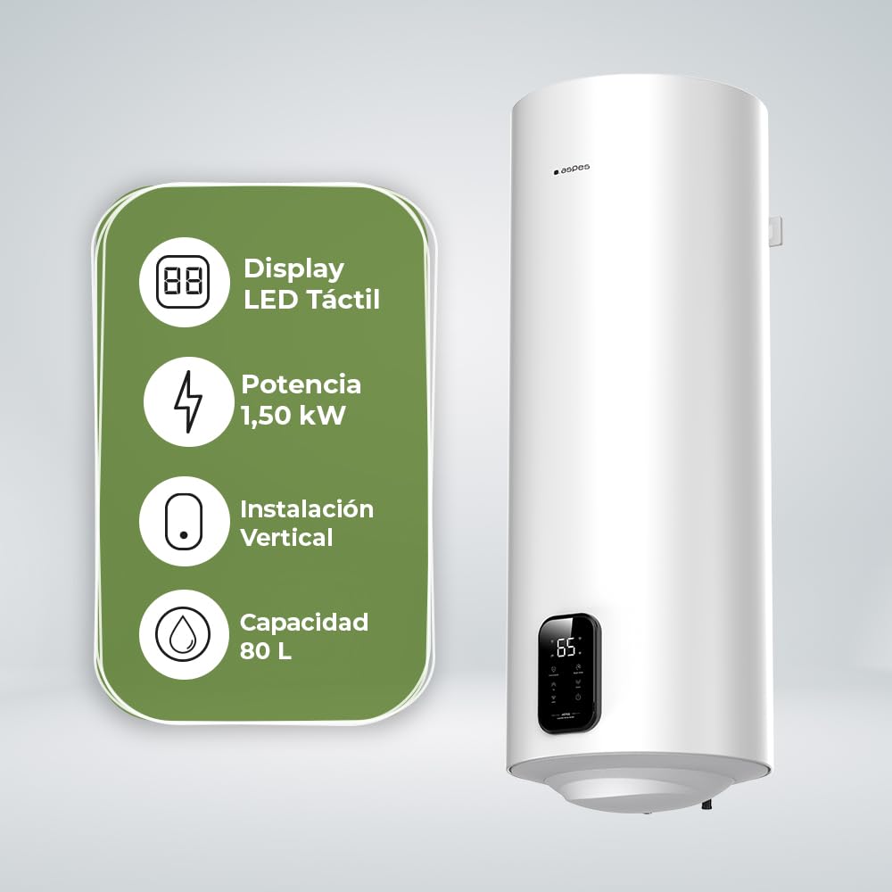 Aspes Termo Eléctrico 80 Litros, AT8000SDW. 1500W, Kit de Montaje Incluido, Resistencia de Acero Esmaltado, Termostato Digital, Temperatura Máx 93 º, Blanco, Eficiencia Energética B