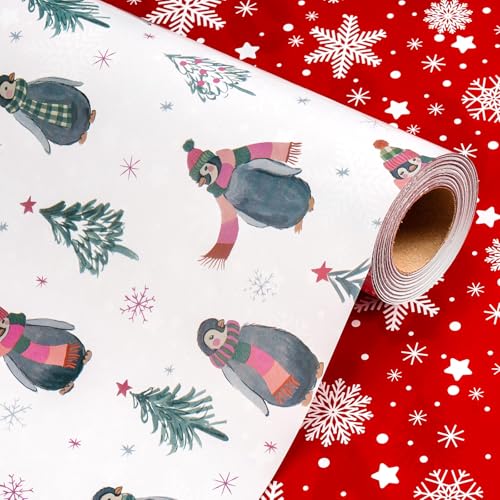 Wikadlik Christmas Wrapping Paper - 43cm x 10m Cute Penguin Wearing Scarf Snowflake Tree Design Presents Packing Paper