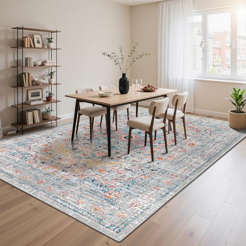 Pauwer Boho Washable Area Rug 9x12 Large Soft Living Room Bedroom Floor Carpet Mat Indoor Farmhouse Vintage Non Slip Accent Throw Rugs for Entryway Kitchen Dorm Dining Room