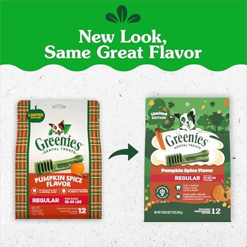 Image of Greenies Regular Natural Dental Dog Treats, Pumpkin Spice Flavor, 12 Count | Veterinarian-recommended, dogs 25-50 lbs, cleaner teeth after 28 days, limited edition, 12 oz. pack