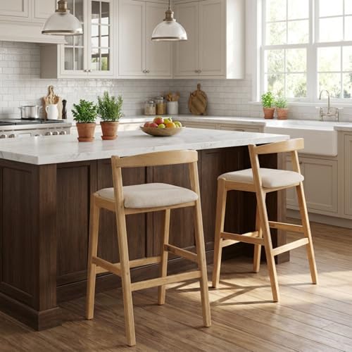 Butacos Altura Barra Modernos, Juego de 2, Estructura de Madera de Caucho Natural, Asiento Tapizado en Poliéster Beige, Apoyo Lumbar Ergonómico y Reposapiés, para Cocina e Isla miniatura 1