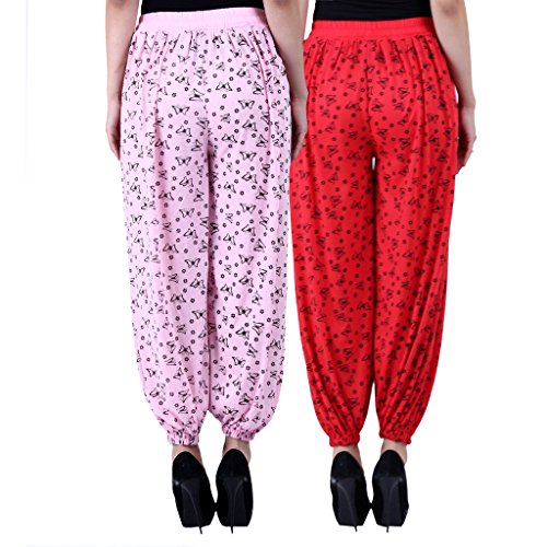NumBrave Womens Loose Fit Harem Pants (Pack of 2) (EANHAREMPRINTED_LIGHTPINK_RED_Free Size)