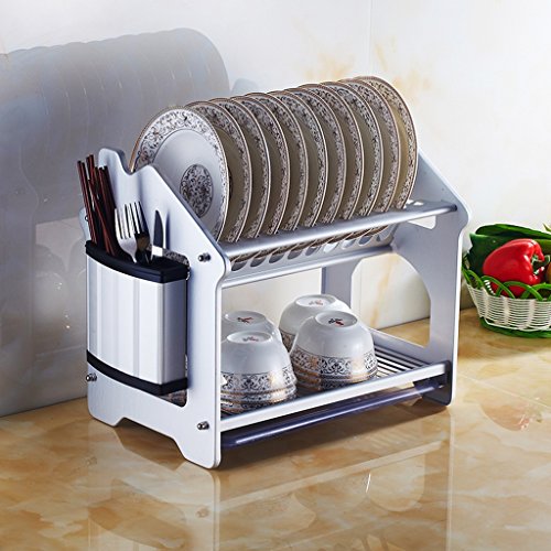 Wielofunkcyjna półka kuchenna – dwuwarstwowy aluminiowy stojak na naczynia, półka odpływowa, uchwyt na nóż/widelec i przechowywanie pałeczek, konstrukcja oszczędzająca miejsce