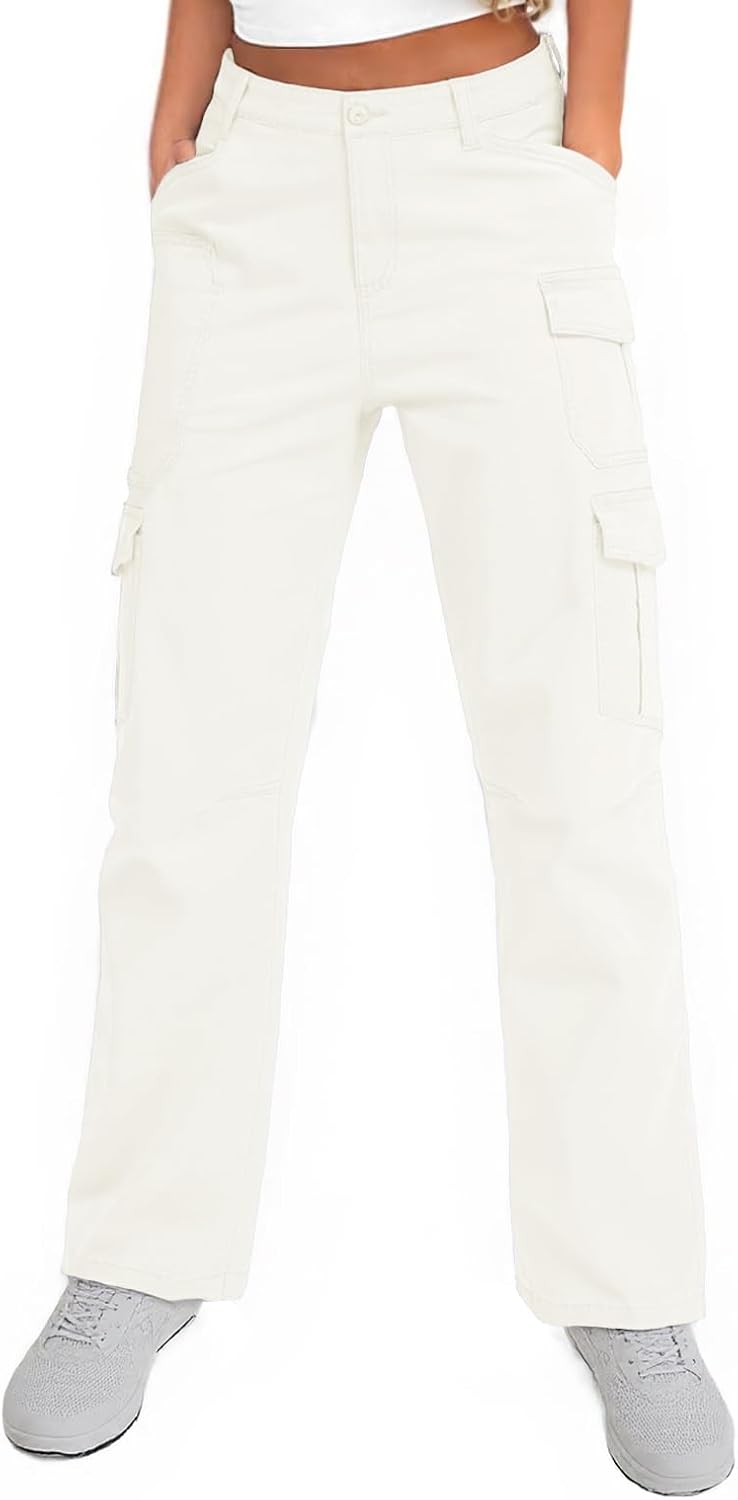 Womens Cargo Pants Elastic Waisted Wide Leg Work Hiking Casual Safari with Zipper Pockets Cotton Sun Protection Baggy Pants