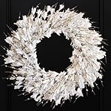 Bibelot 22inch Artificial Forsythia Flower Wreath Spring Summer Fall Wreath Silk Leaves for Front Door Decoration Porch Farmhouse Patio Garden Home Decor (White)